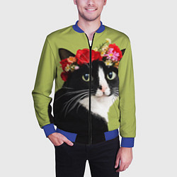 Бомбер мужской Кот и цветы, цвет: 3D-синий — фото 2
