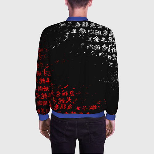 Мужской бомбер КРАСНО БЕЛЫЕ ИЕРОГЛИФЫ ЯПОНИЯ БРЫЗГИ / 3D-Синий – фото 4