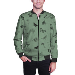 Бомбер мужской Цветочки и бабочки на зеленом фоне, цвет: 3D-черный — фото 2