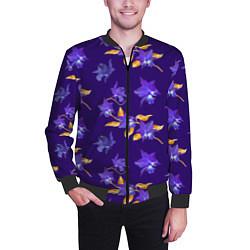 Бомбер мужской Цветы Фиолетовые Ирисы На Синем Фоне, цвет: 3D-черный — фото 2