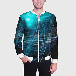 Бомбер мужской Неоновые волны и линии - Голубой, цвет: 3D-белый — фото 2