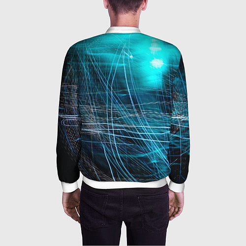 Мужской бомбер Неоновые волны и линии - Голубой / 3D-Белый – фото 4