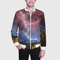 Бомбер мужской Грозовые разряды молний над лесом, цвет: 3D-белый — фото 2