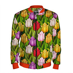 Бомбер мужской Объемные разноцветные тюльпаны, цвет: 3D-красный