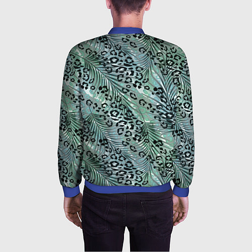 Мужской бомбер Листья пальмы на леопардовом серо - зеленом фоне / 3D-Синий – фото 4