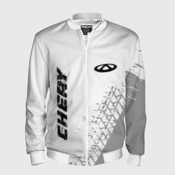 Мужской бомбер Chery speed на светлом фоне со следами шин: надпис