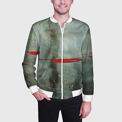 Бомбер мужской Тёмно-зелёный абстрактный туман и красные краски, цвет: 3D-белый — фото 2