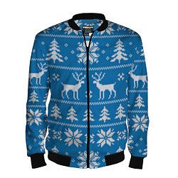 Бомбер мужской Рождественский синий свитер с оленями, цвет: 3D-черный