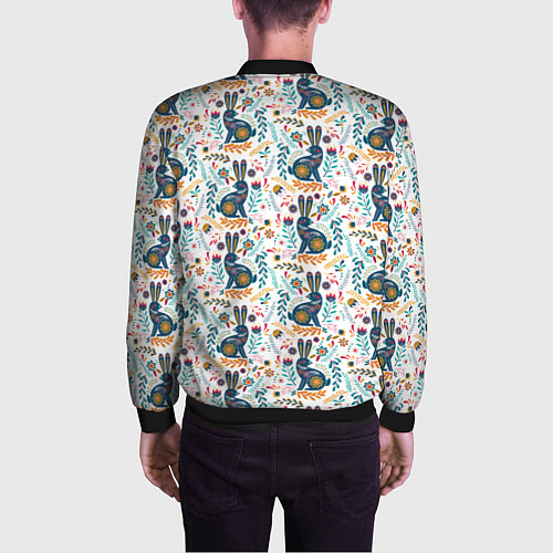 Мужской бомбер Новогодний паттерн - Кролики и веточки / 3D-Черный – фото 4
