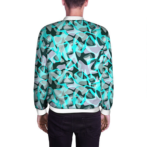 Мужской бомбер Пятнистый абстрактный узор серый с бирюзовыми лини / 3D-Белый – фото 4