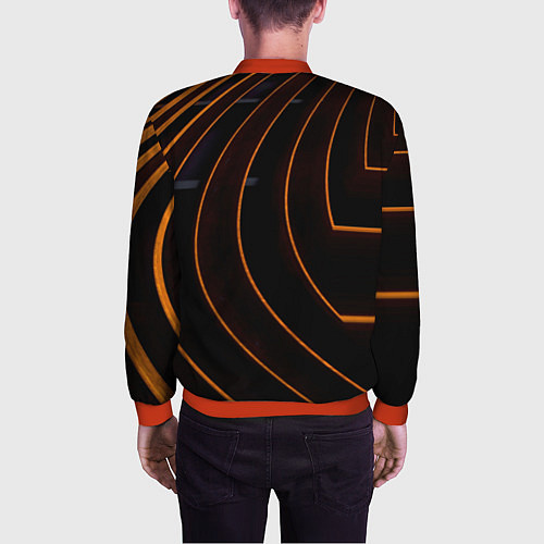 Мужской бомбер Чёрные полосы и неоновые оранжевые линии / 3D-Красный – фото 4