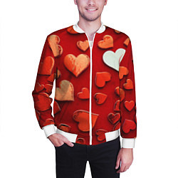 Бомбер мужской Красные сердца на красном фоне, цвет: 3D-белый — фото 2