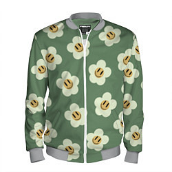 Бомбер мужской Цветочки-смайлики: темно-зеленый паттерн, цвет: 3D-меланж