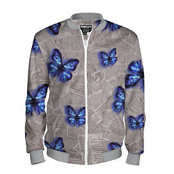 Бомбер мужской Газетные обрывки и синие бабочки, цвет: 3D-меланж