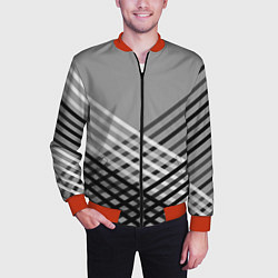 Бомбер мужской Косые черно-белые полосы на сером, цвет: 3D-красный — фото 2