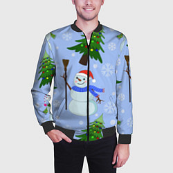Бомбер мужской Снеговики с новогодними елками паттерн, цвет: 3D-черный — фото 2