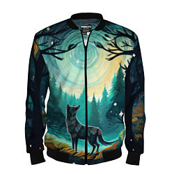 Бомбер мужской Волк в ночном лесу фолк-арт, цвет: 3D-черный