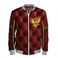 Бомбер мужской Золотой герб России на красном кожаном фоне, цвет: 3D-меланж