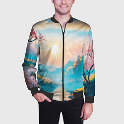 Бомбер мужской Японский город вдали и цветущая Сакура у реки, цвет: 3D-черный — фото 2