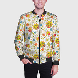 Бомбер мужской Хохломская роспись разноцветные цветы на белом фон, цвет: 3D-черный — фото 2