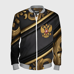 Мужской бомбер Золотой герб России на черном фоне лепнина