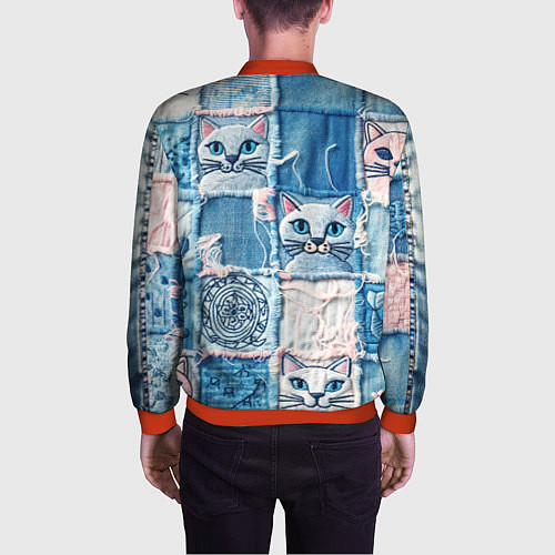 Мужской бомбер Кошки на пэчворк джинсах паттерн / 3D-Красный – фото 4