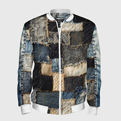 Бомбер мужской Заплатки пэчворк на джинсе, цвет: 3D-белый