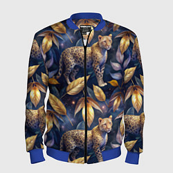 Бомбер мужской Леопард с золотыми листьями паттерны, цвет: 3D-синий