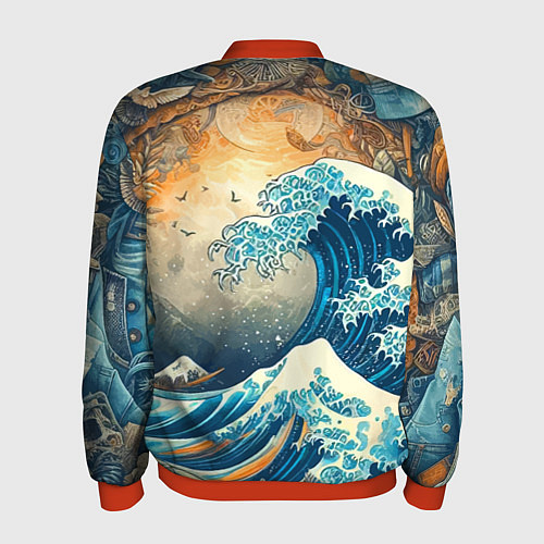 Мужской бомбер Коллаж с Японской волной - нейросеть / 3D-Красный – фото 2
