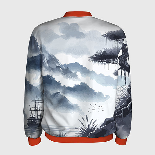 Мужской бомбер Японский пейзаж - нейросеть / 3D-Красный – фото 2