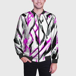 Бомбер мужской Чёрно-розовые агрессивные полосы на белом фоне, цвет: 3D-черный — фото 2