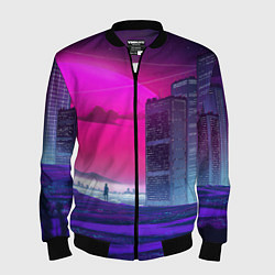 Бомбер мужской Synthwave неоновый город, цвет: 3D-черный