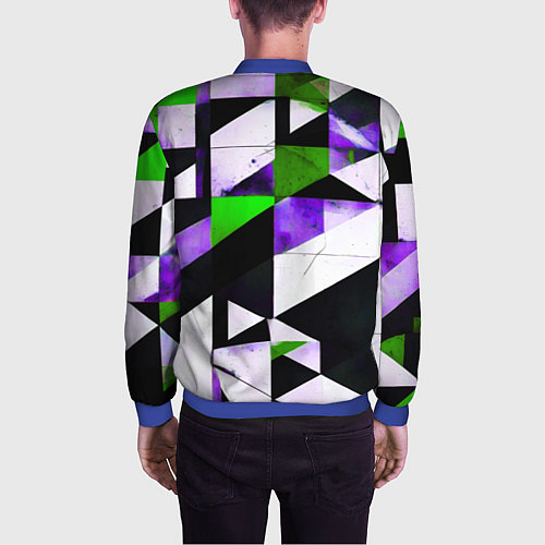 Мужской бомбер Зелёно-фиолетовая абстракция на чёрно-белом фоне / 3D-Синий – фото 4