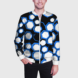 Бомбер мужской Бело-синие шестиугольники на чёрном фоне, цвет: 3D-белый — фото 2
