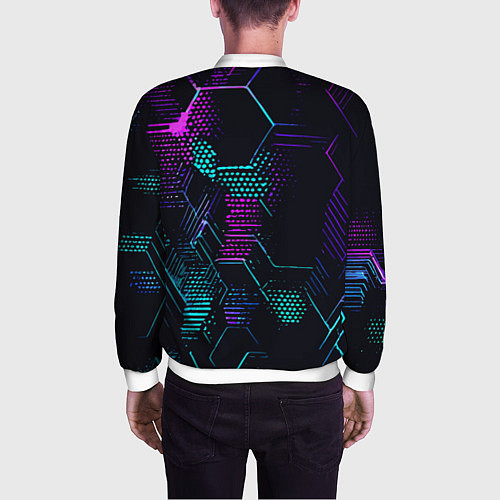 Мужской бомбер Розово-голубые точки и линии на чёрном фоне / 3D-Белый – фото 4