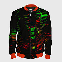 Бомбер мужской Красно-зелёные точки и линии на чёрном фоне, цвет: 3D-красный