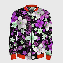 Бомбер мужской Фиолетово-белые цветы на чёрном фоне, цвет: 3D-красный