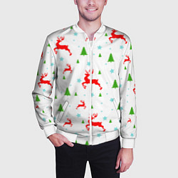Бомбер мужской Новогодние олени с ёлками, цвет: 3D-белый — фото 2