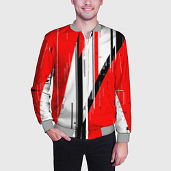 Бомбер мужской Чёрно-белые вертикальные полосы на красном фоне, цвет: 3D-меланж — фото 2