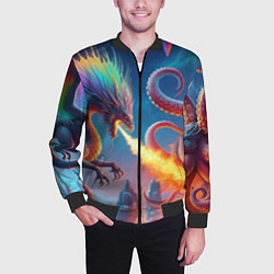 Бомбер мужской Огнедышащий дракон против осьминога - нейроарт фан, цвет: 3D-черный — фото 2