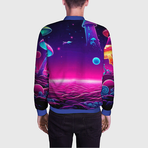 Мужской бомбер Морти и Рик на планете неоновых сказочных грибов / 3D-Синий – фото 4