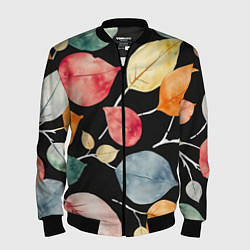 Бомбер мужской Разноцветные акварельные листья на чёрном, AI, цвет: 3D-черный