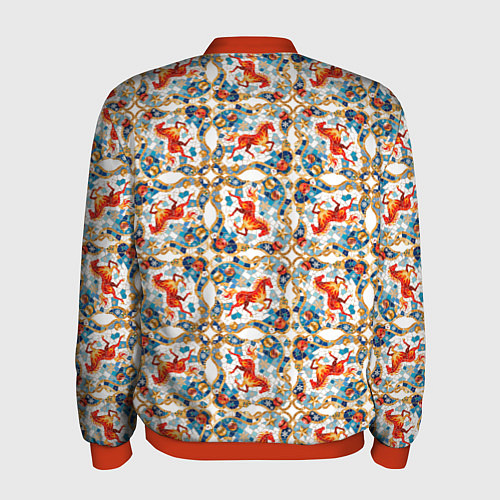 Мужской бомбер Орнамент с лошадью - символом Нового 2026 года / 3D-Красный – фото 2