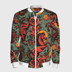 Мужской бомбер Красный конь и розы