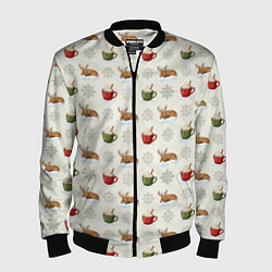 Бомбер мужской Зимний паттерн с оленем и чашками какао, цвет: 3D-черный