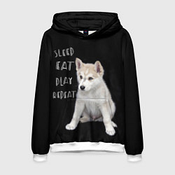 Толстовка-худи мужская Sleep Eat Play Repeat Хаски щенок, цвет: 3D-белый