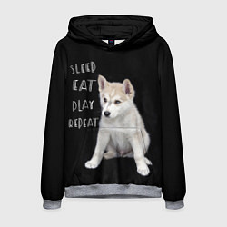 Толстовка-худи мужская Sleep Eat Play Repeat Хаски щенок, цвет: 3D-меланж