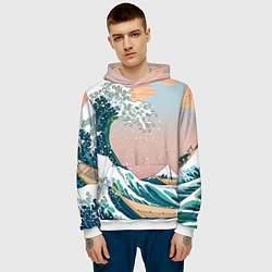 Толстовка-худи мужская Большая волна в канагаве, цвет: 3D-белый — фото 2