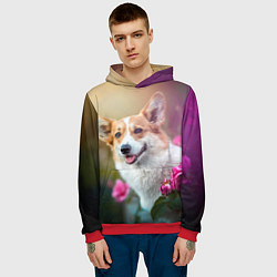Толстовка-худи мужская Корги в розовом кусте, цвет: 3D-красный — фото 2