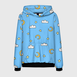 Толстовка-худи мужская Облака, луна и звезды на небе, цвет: 3D-черный